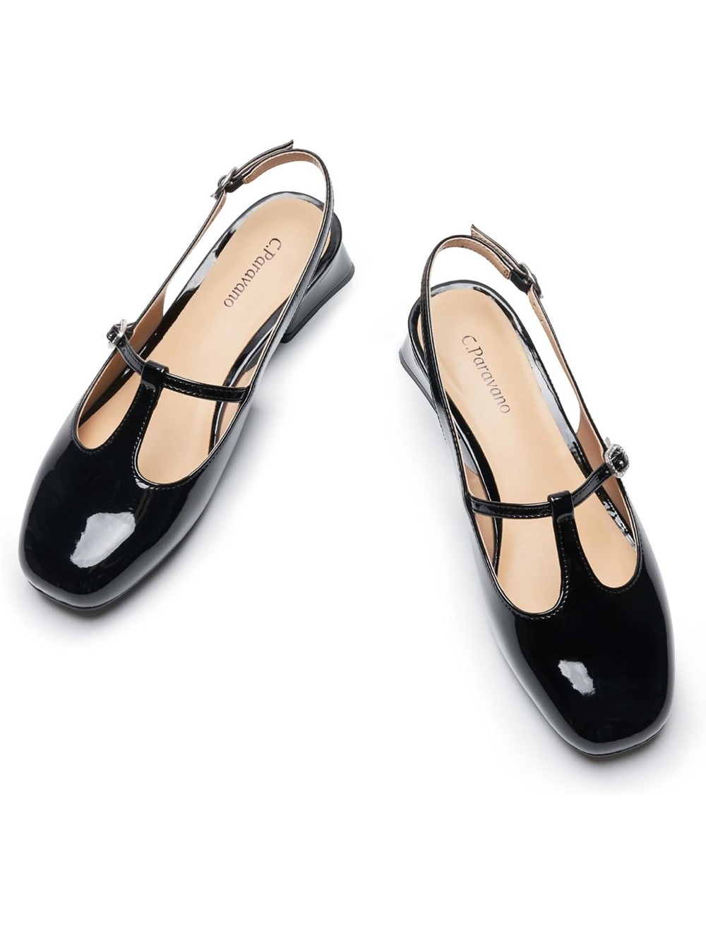 C. Paravano Black Patent T-Strap Slingback Flats